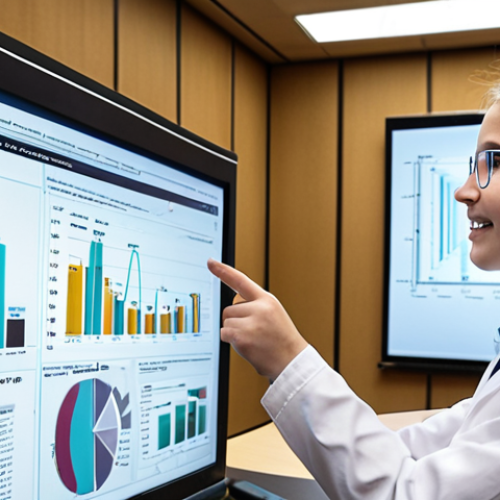 Home 11 ** A young biologist enthusiastically presenting research findings at a scientific conference, with a focus on data analysis and modern tools. Include graphs and a screen showing code (Python or R). Focus on the excitement of discovery and career advancement.
**