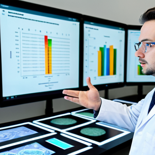 Home 6 A professional lead biologist, wearing a modest lab coat over professional attire, stands in a bright, modern biology laboratory. He is clearly explaining a complex procedure on a digital display to a focused, fully clothed junior researcher, who is listening attentively. The lab is impeccably organized with advanced scientific equipment in the background. The scene emphasizes conscious delegation and clear instructions, safe for work, appropriate content, professional. Perfect anatomy, correct proportions, natural pose, well-formed hands, proper finger count, natural body proportions, professional photography, high quality, natural lighting.