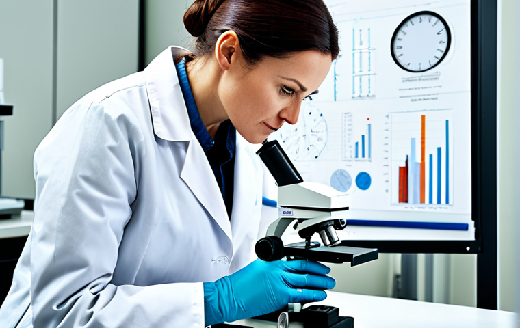 **

A professional female doctor in a fully clothed, modest white coat, examining a microscope in a well-lit laboratory. The background includes scientific equipment and charts. Perfect anatomy, correct proportions, well-formed hands, proper finger count, natural body proportions, safe for work, appropriate content, professional, family-friendly.

**