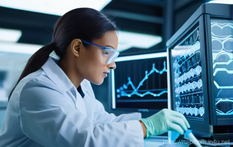 생물학자 연봉과 직무 만족도 - A dedicated female molecular biologist, in her late 20s, wearing a pristine white lab coat and safet...