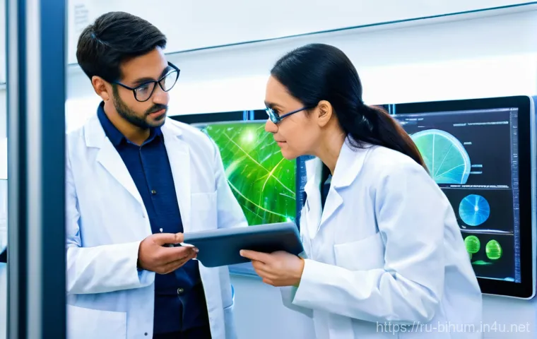 생물학자 이론 학습 전략 - A cutting-edge bioinformatics laboratory scene featuring a male biologist in his late twenties, focu...