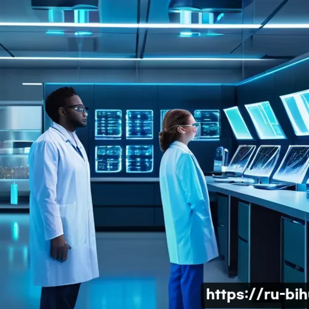 생물학자 생명과학 분야의 최신 트렌드 - A futuristic laboratory scene showcasing scientists in modern protective lab coats and glasses perfo...