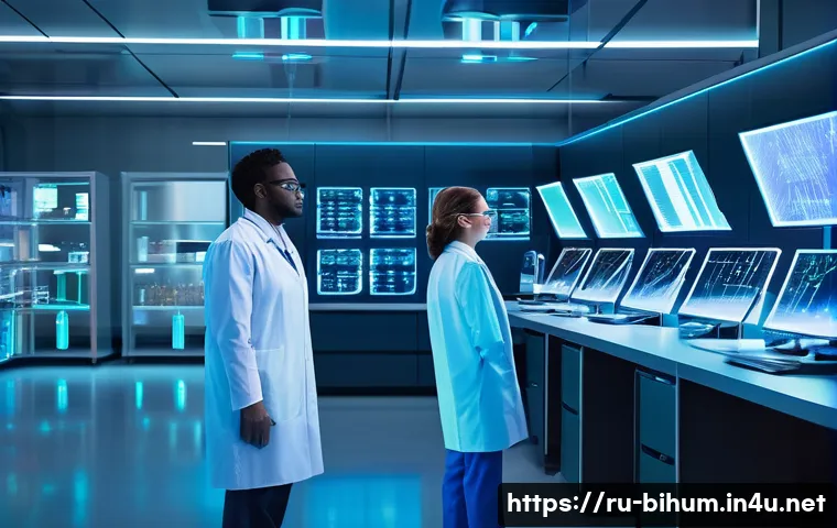 생물학자 생명과학 분야의 최신 트렌드 - A futuristic laboratory scene showcasing scientists in modern protective lab coats and glasses perfo...