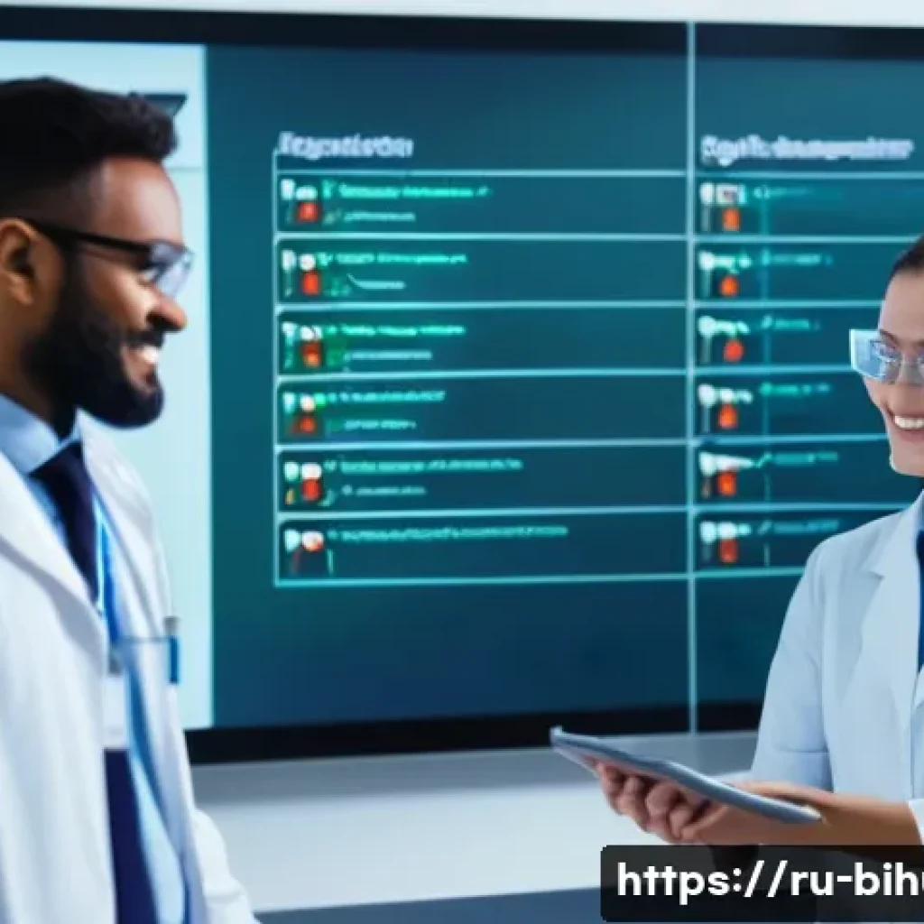 생물학자 직장 내 커뮤니케이션 - A modern biology research laboratory scene with a diverse international team of scientists collabora...