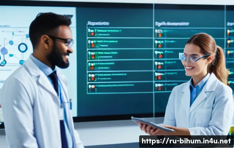 생물학자 직장 내 커뮤니케이션 - A modern biology research laboratory scene with a diverse international team of scientists collabora...