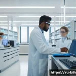 생물학자 연구에서의 실패 극복 - A modern biological research laboratory scene featuring diverse scientists working collaboratively. ...