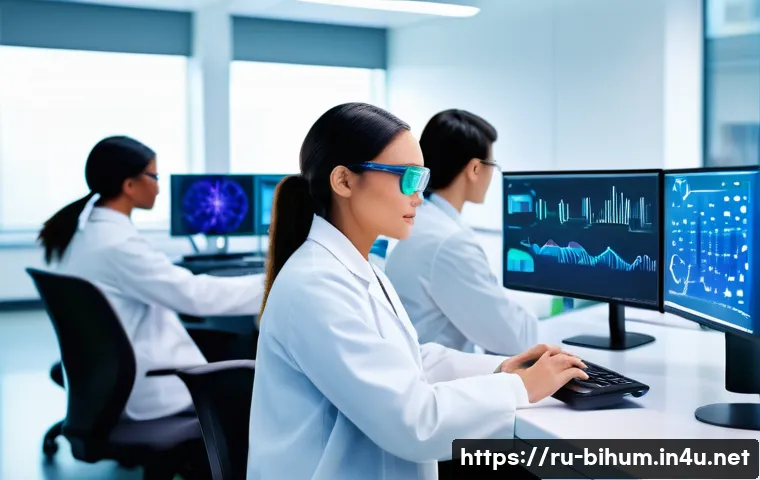 생물학자 생명과학 직업군의 변화 - A modern biological research laboratory scene featuring a diverse group of scientists in professiona...