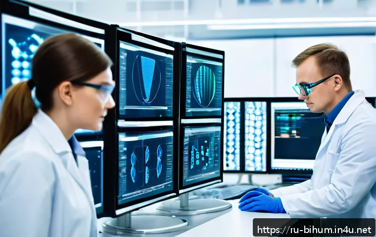 생물학자 생물학 관련 직업군 - A modern genomics laboratory scene in Russia, featuring scientists wearing lab coats and safety glas...