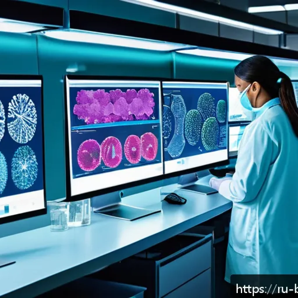 생물학자 전공 분야별 발전 방향 - A detailed scientific laboratory scene showing researchers analyzing the human microbiome: diverse m...