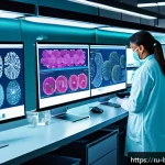 생물학자 전공 분야별 발전 방향 - A detailed scientific laboratory scene showing researchers analyzing the human microbiome: diverse m...