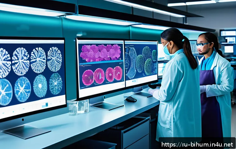 생물학자 전공 분야별 발전 방향 - A detailed scientific laboratory scene showing researchers analyzing the human microbiome: diverse m...