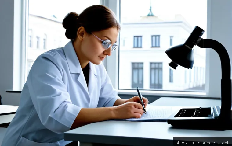 생물학자 논문 제출 과정 - Photorealistic biology researcher in a modern Moscow university laboratory, carefully reviewing prin...