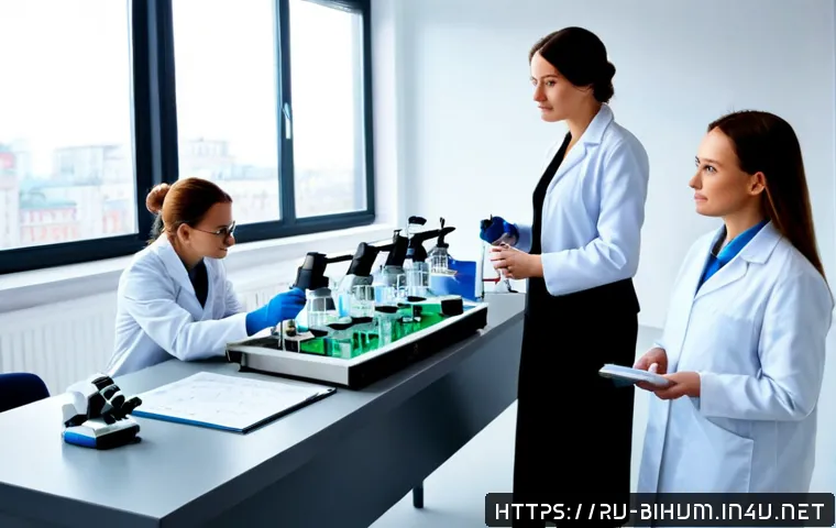 생물학자 연구자의 리더십 역할 - Photorealistic biology research team meeting in a modern Moscow laboratory, an experienced female bi...